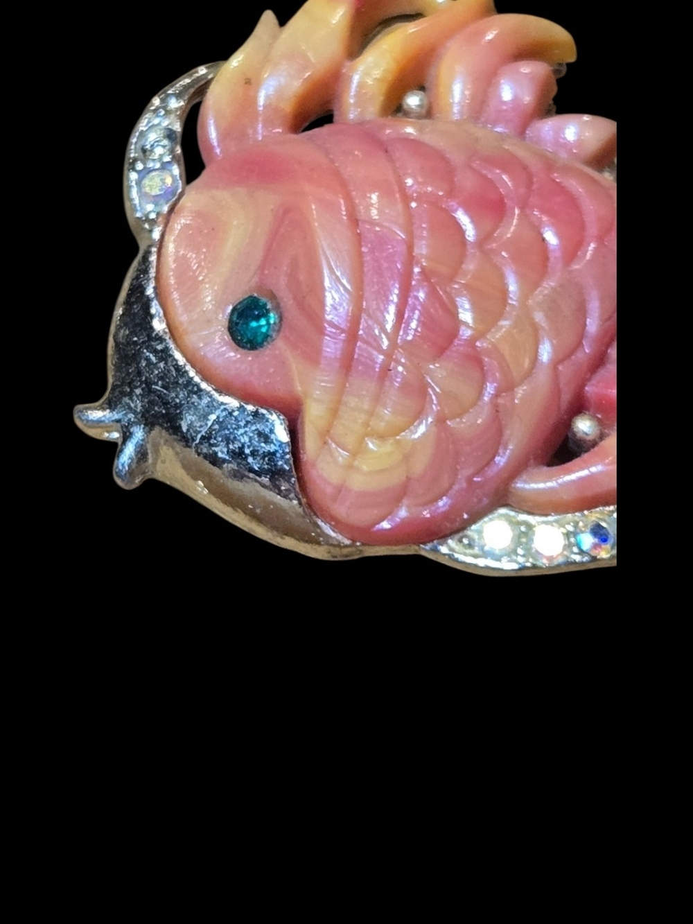 Vintage Orange Enamel Goldfish Brooch with Crystal Accents - Picture 2 of 4